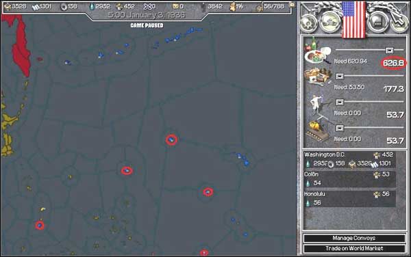 Na mapie zaznaczone najważniejsze bazy amerykańskie, po prawej u góry możemy się przekonać o ogromnych potrzebach amerykańskiej ludności. - Stany Zjednoczone | Państwa w Europa Universalis II Wojna Światowa - Europa Universalis: II Wojna Światowa - poradnik do gry