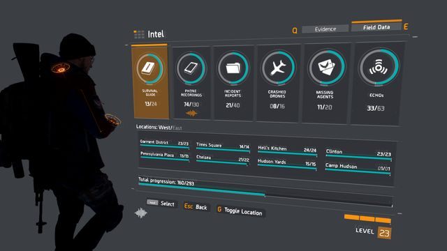 W menu możesz podglądnąć swoje osiągnięcia dotyczące sekretów - Dane wywiadowcze - sekrety, mapy, znajdźki w The Division - The Division - poradnik do gry