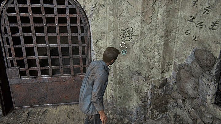W celi Burnesa do rozwiązania jest niezbyt trudna zagadka, która polega na poprawnym odczytaniu symboli zapisanych na ścianach - Uncharted 4 Kres Złodzieja: Rozdział 2 Piekło - solucja, opis przejścia - Uncharted 4: Kres Złodzieja - poradnik do gry