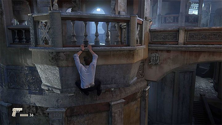 Przesuwaj się w lewo i nie daj się zauważyć wrogom zatrzymującym się przy balustradach - Uncharted 4 Kres Złodzieja: Rozdział 7 Zgaszone światła - solucja, opis przejścia - Uncharted 4: Kres Złodzieja - poradnik do gry