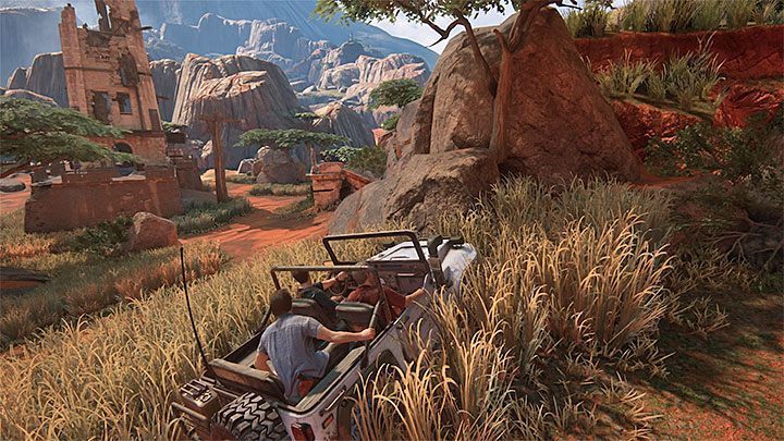 Nie próbuj rozjeżdżać przeciwników jeepem (chyba że grasz na najniższym poziomie trudności) ani docierać za wszelką cenę do znajdującego się za wieżą drewnianego mostu, bo gra nie pozwoli ci zbyt szybko opuścić tego obszaru - Uncharted 4 Kres Złodzieja: Rozdział 10 Dwanaście wież - solucja, opis przejścia - Uncharted 4: Kres Złodzieja - poradnik do gry