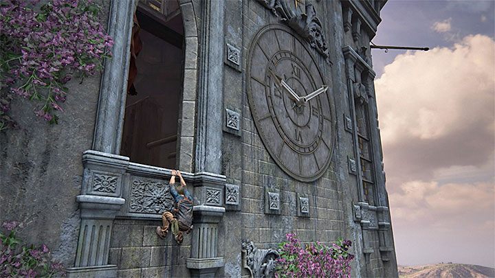 Wyskocz na chwilę przez okno i obejrzyj zegar zlokalizowany po prawej stronie - Uncharted 4 Kres Złodzieja: Rozdział 11 Najciemniej pod latarnią - solucja, opis przejścia - Uncharted 4: Kres Złodzieja - poradnik do gry