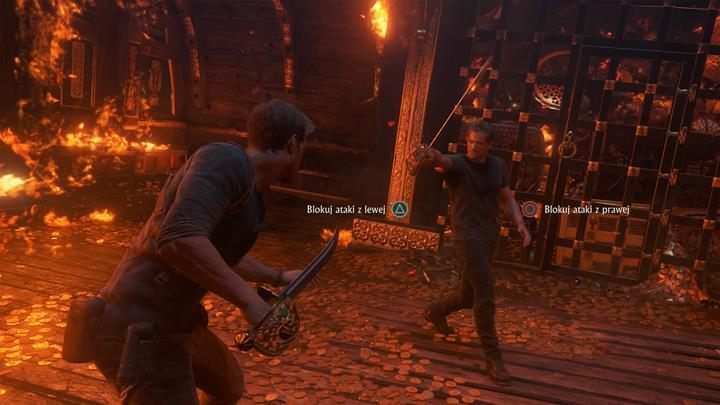 Pojedynek z Rafem jest prosty - przeciwnik markuje ciosy, gdy atakuje z lewej naciśnij trójkąt, a gdy atakuje z prawej, wciśnij kółko - Uncharted 4 Kres Złodzieja: Rozdział 22 Kres złodzieja - solucja, opis przejścia - Uncharted 4: Kres Złodzieja - poradnik do gry