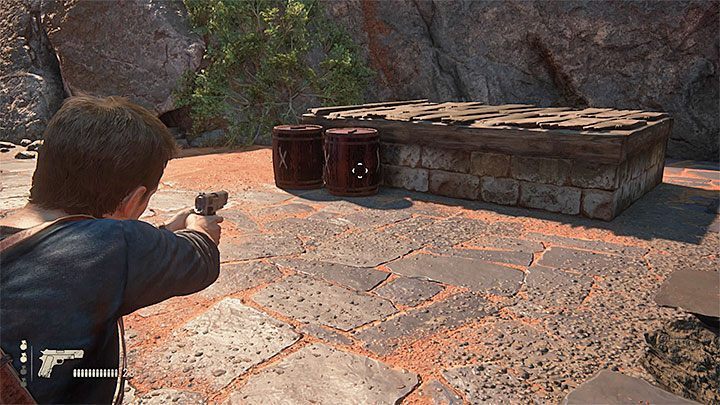 Po dotarciu na dach użyj dowolnej broni żeby wysadzić pokazane na obrazku beczki - Uncharted 4 Kres Złodzieja: Dwanaście wież - wszystkie skarby - Uncharted 4: Kres Złodzieja - poradnik do gry