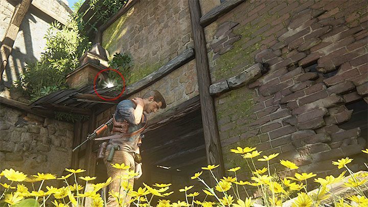 Przejdź do lepiej oświetlonej części budynku i rozejrzyj się za pokazaną na obrazku małą górną półką - Uncharted 4 Kres Złodzieja: Dołączcie do mnie w raju - wszystkie skarby - Uncharted 4: Kres Złodzieja - poradnik do gry