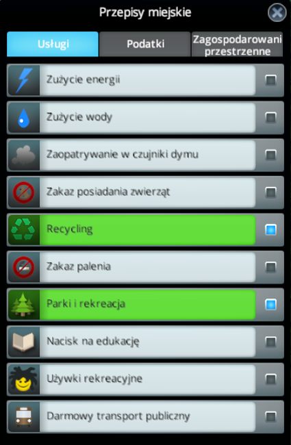 Ten panel pozwala na dostosowanie twojego miasta do odpowiednich standardów poprzez opcjonalne prawa dotyczące całości funkcjonowania miasta - Cities Skylines: Ekonomia, zarządzanie miejskie - panel burmistrza - Cities: Skylines - poradnik do gry