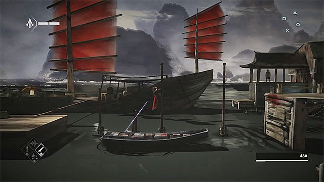 Powróć teraz na środkową platformę na wodzie, czyli na tę ze skrzynką z zapasami noży do rzucania - Sekwencja 3 - Port (The Port) - Assassins Creed Chronicles: China - poradnik do gry