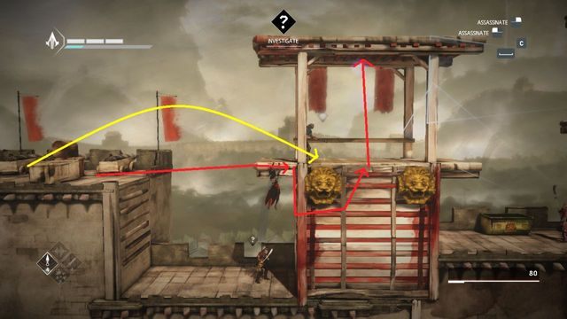 Pierwszego strażnika potraktuj strzałką dźwiękową lub fajerwerkami i przeskocz z pala na wieżyczkę - Sekwencja 11 - Zdrada (The Betrayal) - Assassins Creed Chronicles: China - poradnik do gry
