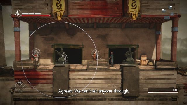 Przejdź na lewą stronę kryjówki i zagwizdaj i zwab Zwiadowcę, po czym przejdź szybko na prawą stronę - Sekwencja 11 - Zdrada (The Betrayal) - Assassins Creed Chronicles: China - poradnik do gry