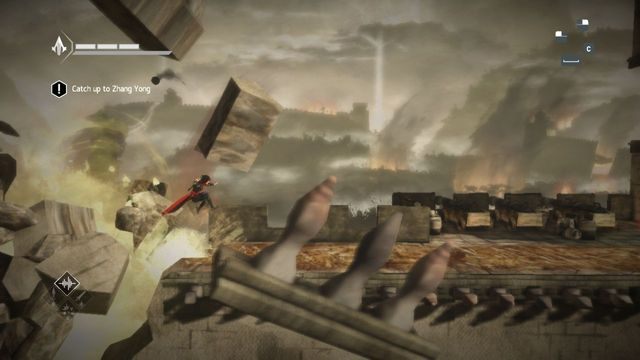 Biegnij do momentu, gdzie zauważysz na murze kawałek przed tobą rozrzuconą słomę, jeszcze nie płonącą - Sekwencja 12 - Zemsta (Vengeance) - Assassins Creed Chronicles: China - poradnik do gry
