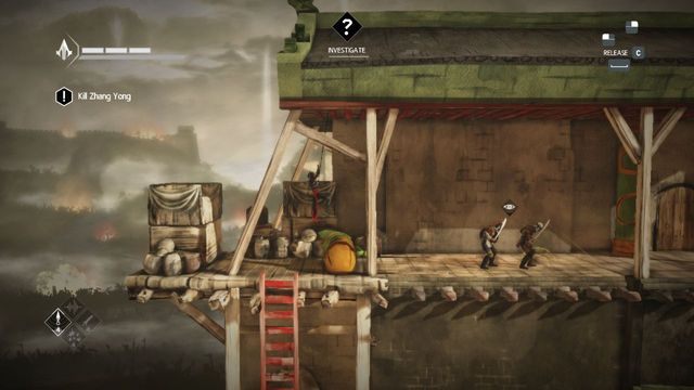 Najpierw zdejmij strzelca po lewej nad drabinką, wyżej znajdziesz dwóch rozmawiających strażników - Sekwencja 12 - Zemsta (Vengeance) - Assassins Creed Chronicles: China - poradnik do gry