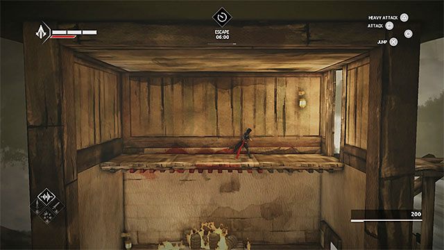 Użyj strzałki z linką żeby złapać się sufitu i przemieść się w stronę lewej górnej okiennicy - Sekwencja 8 - Myśliwy i ofiara (Hunted) - Assassins Creed Chronicles: China - poradnik do gry