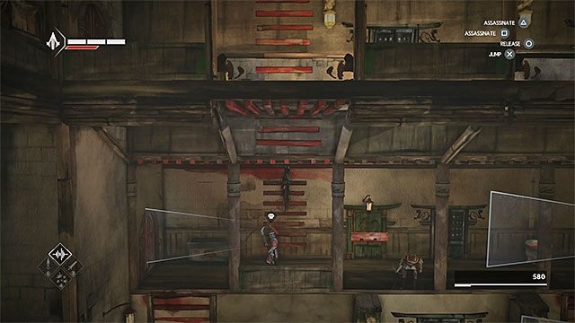 Opuść się w miejscu, w którym na niższe piętro prowadzi czerwona drabinka - Sekwencja 8 - Myśliwy i ofiara (Hunted) - Assassins Creed Chronicles: China - poradnik do gry