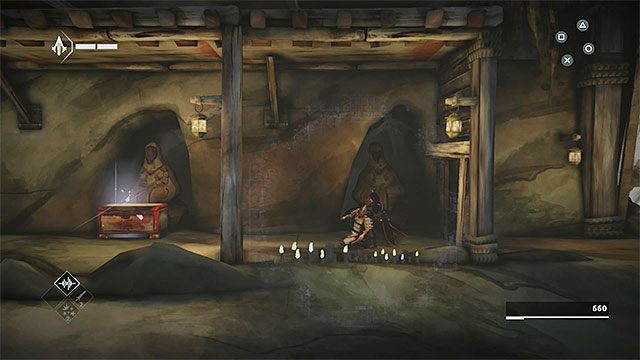 SKRZYNIA 1/2 - Pierwsza skrzynia znajduje się w pomieszczeniu z wartownikiem z kuszą (po dotarciu do tej okolicy załączy się samouczek ze starć z tego typu przeciwnikami) - Skrzynie ze skarbami w sekwencji 2 - Powrót - Skrzynie ze skarbami - Assassins Creed Chronicles: China - poradnik do gry