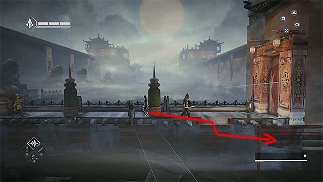 Po wykonaniu skoku wiary wyjdź ze stogu siana i schowaj się za najbliższym słupem - Sekwencja 9 - Dawna przyjaciółka (An Old Friend) - Assassins Creed Chronicles: China - poradnik do gry