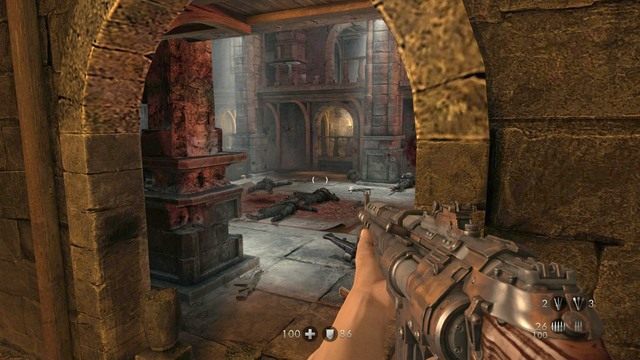Po uruchomieniu dźwigni, przejdź na jedną ze stron pokazanych na obrazku - Rozdział 3 - Twierdza Wolfenstein | Opis przejścia Wolfenstein The Old Blood - Wolfenstein: The Old Blood - poradnik do gry