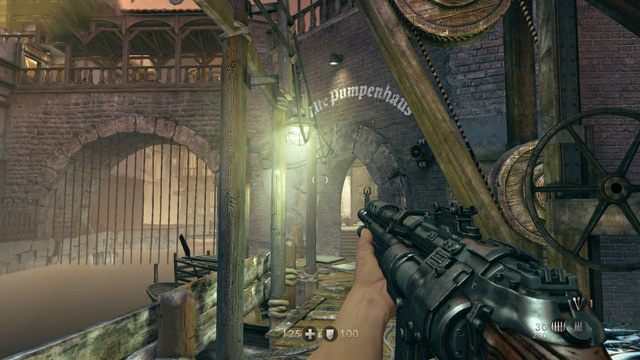 Po zabiciu wrogów podejdź do miejsca pokazanego na obrazku żeby dostać się do kolejnej lokacji - Rozdział 5 - Wulfburg | Opis przejścia Wolfenstein The Old Blood - Wolfenstein: The Old Blood - poradnik do gry