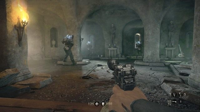 Niezależnie od tego w jaki sposób poradzisz sobie z przeciwnikami, udaj się korytarzem do końca drogi i wyłącz generator napędzający drzwi - Rozdział 8 - Wykopaliska | Opis przejścia Wolfenstein The Old Blood - Wolfenstein: The Old Blood - poradnik do gry