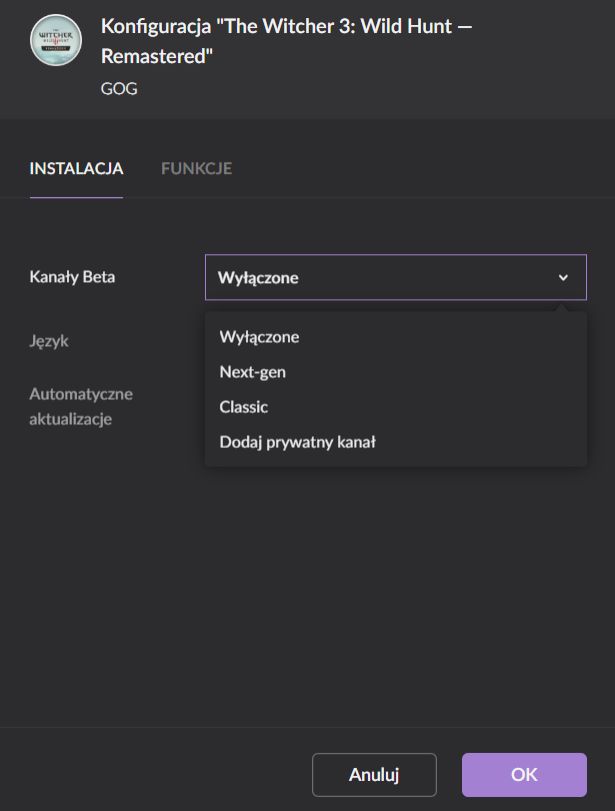 Ten sam proces na platformie GOG wygląda podobnie - Wiedźmin 3 Remaster: Jak wrócić do starszej wersji gry? - Wiedźmin 3 Dziki Gon - poradnik do gry
