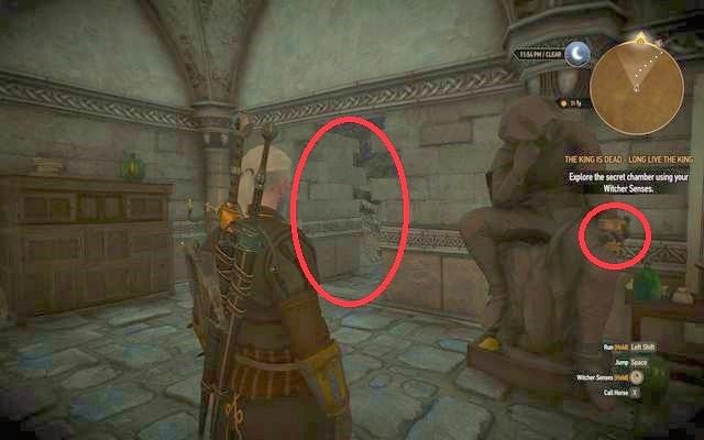 Możesz rozejrzeć się po laboratorium, lecz aby kontynuować poszukiwania zabierz naczynie z szafki koło łóżka i włóż je w rękę posągu stojącego przy mapie - w ten sposób otworzysz ukryte przejście - Wiedźmin 3 Dziki Gon: Umarł król, niech żyje król (The King is Dead - Long Live The King) | Kaer Trolde - Wiedźmin 3 Dziki Gon - poradnik do gry