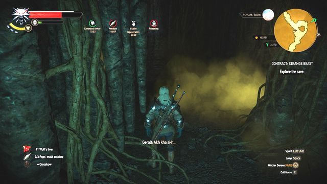 Uważaj na trujące opary. Staraj się przebiec przez nie jak najszybciej. - Wiedźmin 3 Dziki Gon: Zlecenia wiedźmińskie | Hindarsfjall | Wiedźmin 3 Dziki Gon - Wiedźmin 3 Dziki Gon - poradnik do gry