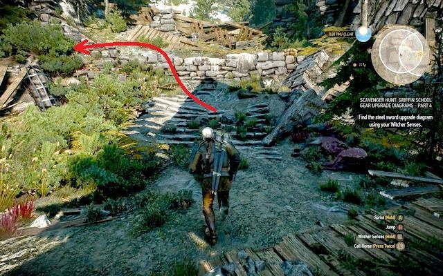 Po wejściu od zachodniej strony do wioski zobaczysz na wprost mur z białym malowaniem od jego szczytu - Wiedźmin 3 Dziki Gon: Rynsztunek szkoły gryfa - Mistrzowski - Wiedźmin 3 Dziki Gon - poradnik do gry