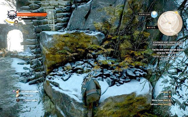 Od północnej strony przed legowiskiem znajdują się skały, po których bez problemu możesz się wspiąć - Wiedźmin 3 Dziki Gon: Rynsztunek szkoły gryfa - Mistrzowski - Wiedźmin 3 Dziki Gon - poradnik do gry