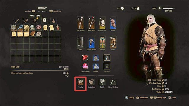 Trofea umieszcza się w jednym ze slotów inwentarza i w danym momencie aktywne może być tylko jedno - Wiedźmin 3 Dziki Gon: Lista trofeów ze zleceń wiedźmińskich - Wiedźmin 3 Dziki Gon - poradnik do gry