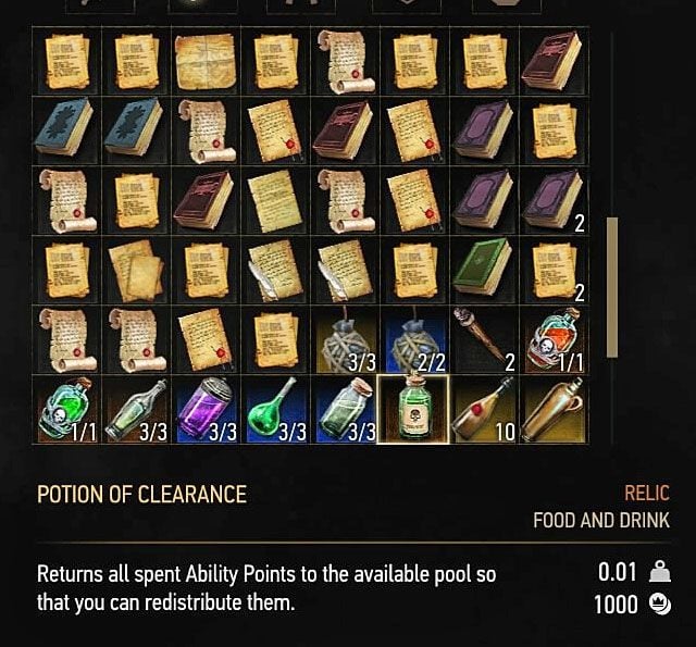 Po sfinalizowaniu transakcji musisz otworzyć inwentarz, wybrać jego drugą zakładkę i zlokalizować eliksir oczyszczenia (powyższy obrazek) - Wiedźmin 3 Dziki Gon: Resetowanie umiejętności - rozwój postaci - Wiedźmin 3 Dziki Gon - poradnik do gry