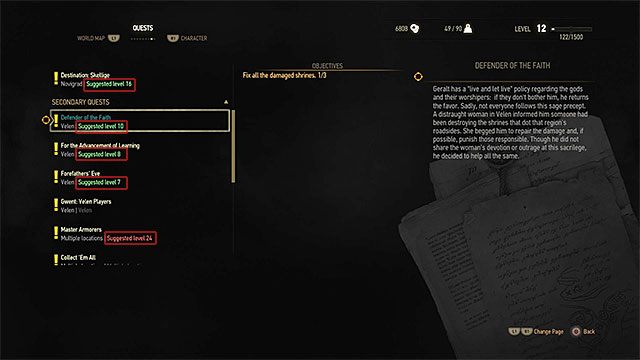 Kolory w dzienniku symbolizują różnice pomiędzy sugerowanym poziomiem do ich zaliczenia i aktualnym poziomem Geralta - Wiedźmin 3 Dziki Gon: Dlaczego nie dostaję XP? - Wiedźmin 3 Dziki Gon - poradnik do gry