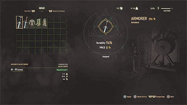 Bronie i elementy pancerza możesz naprawiać sam lub opłacać odpowiednie usługi - Wiedźmin 3 Dziki Gon: Inwentarz - Wiedźmin 3 Dziki Gon - poradnik do gry