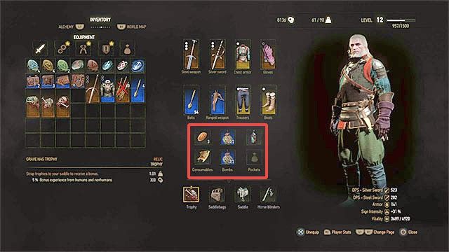 W aktywnych slotach możesz umieszczać żywność i eliksiry, petardy (bomby) oraz specjalne przedmioty - Wiedźmin 3 Dziki Gon: Inwentarz - Wiedźmin 3 Dziki Gon - poradnik do gry