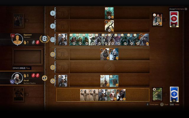 Zauważ, że mimo iż przeciwnik ma znaczną przewagę punktową, została mu już tylko jedna karta - Wiedźmin 3 Dziki Gon: Gwint - strategie i wskazówki - Wiedźmin 3 Dziki Gon - poradnik do gry