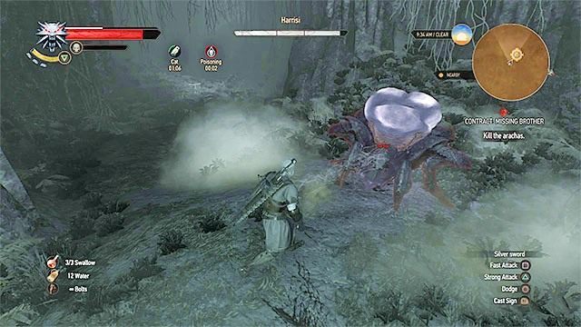 Pająk może zatruwać Geralta, tak więc monitoruj jego stan zdrowia - Wiedźmin 3 Dziki Gon: Zlecenie wiedźmińskie Zaginiony brat - solucja - Wiedźmin 3 Dziki Gon - poradnik do gry