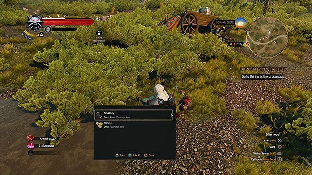 Klucz znajdziesz przy zwłokach nieco bardziej oddalonych od wozu - Wiedźmin 3 Dziki Gon: Karczma na Rozstajach, Poszukiwania skarbów - lista - Wiedźmin 3 Dziki Gon - poradnik do gry