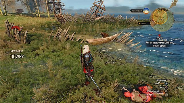 Miejsce odnalezienia zwłok i skarbu (jest on w niewielkiej odległości od ciała) - Wiedźmin 3 Dziki Gon: Karczma na Rozstajach, Poszukiwania skarbów - lista - Wiedźmin 3 Dziki Gon - poradnik do gry