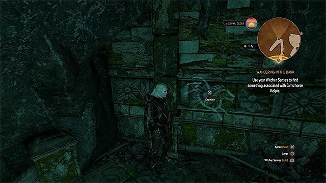 Po przepłynięciu pod wodą dotrzyj do symbolu konia i dopiero jego zbadaj (poprzednie symbole ignoruj) - Wiedźmin 3 Dziki Gon: Po omacku (Wandering in the Dark) - solucja - Wiedźmin 3 Dziki Gon - poradnik do gry