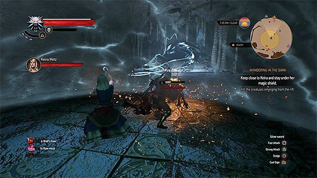 Staraj się nie wychodzić poza magiczną osłonę, bo zaczniesz błyskawiczne tracić zdrowie - Wiedźmin 3 Dziki Gon: Po omacku (Wandering in the Dark) - solucja - Wiedźmin 3 Dziki Gon - poradnik do gry