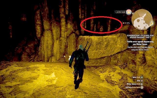 Ciebie interesuje mała skałka po prawej stronie od wejścia, na której znajdują się wystające z podłoża skały (stalagmity), które możesz zniszczyć Aardem - Wiedźmin 3 Dziki Gon: Rynsztunek szkoły kota - Wyśmienity - Wiedźmin 3 Dziki Gon - poradnik do gry