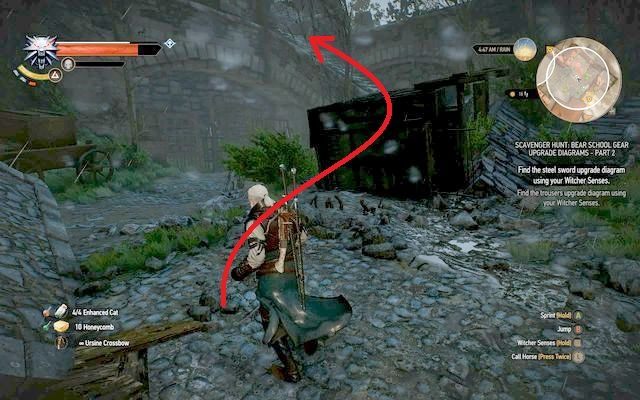 Wejście po schodach na piętro, gdzie znajduje się skrzynia - Wiedźmin 3 Dziki Gon: Rynsztunek szkoły niedźwiedzia - Ulepszony - Wiedźmin 3 Dziki Gon - poradnik do gry