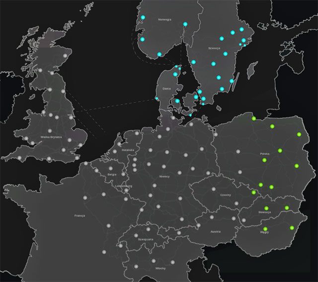 Na mapie zaznaczono miasta, w których możesz ulokować centralę swojej firmy - Świat gry | Elementy gry Euro Truck Simulator 2 Skandynawia - Euro Truck Simulator 2: Skandynawia - poradnik do gry