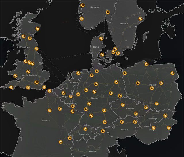 Mapa prezentująca miasta, w których swoją siedzibę mają agencje pracy. - Agencje pracy | Elementy gry Euro Truck Simulator 2 Skandynawia - Euro Truck Simulator 2: Skandynawia - poradnik do gry