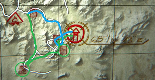 Na rozdwojeniu za obozem z 6363 masz dwie opcje, możesz pójść krótsza drogą (niebieska linia na obrazku) bezpośrednio na wschód, a potem na południe by od razu dotrzeć do kolejnego głównego punktu gry lub pójść na południe dłuższą drogą (zielona linia na obrazku), by zdobyć kilka nieobowiązkowych - Chata | Akt II - opis przejścia | Kholat - Kholat - poradnik do gry