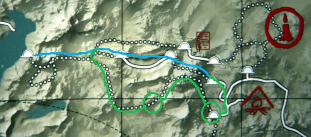 Na obrazku zaznaczono dwie trasy, które możesz w tym momencie obrać - Jaskinia | Akt II - opis przejścia | Kholat - Kholat - poradnik do gry