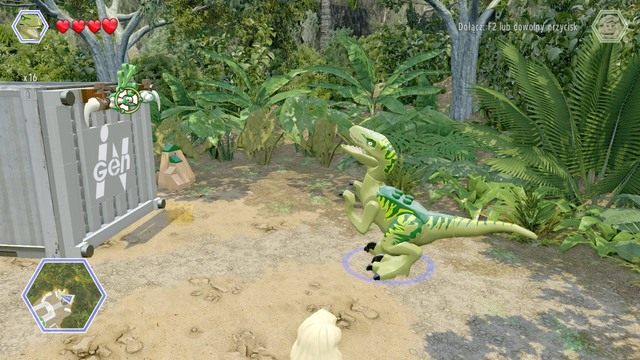 Podejdź raptorem do lewego kontenera i zaczep się na drążku - Terytorium raptorów | Jurassic Park - sekrety - LEGO Jurassic World - poradnik gry