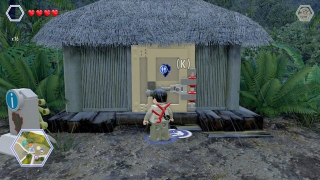 Podejdź do domku jako Owen i użyj klucza francuskiego by wypuścić pracownika w opałach - Zagroda Tyranozaura | Jurassic Park - sekrety - LEGO Jurassic World - poradnik gry