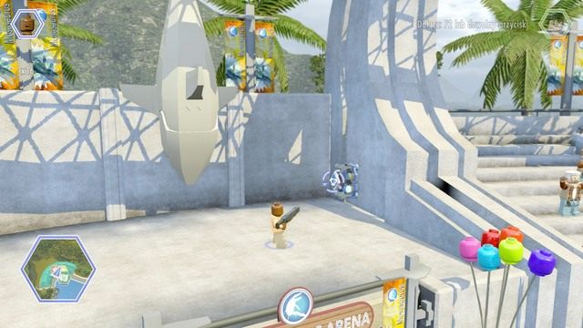 Wejdź na trybuny jako Barry i strzel do widocznej tarczy - Arena Mozozaura | Jurassic World - sekrety - LEGO Jurassic World - poradnik gry