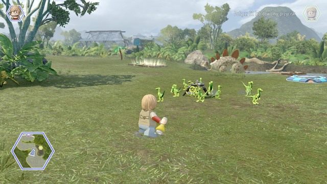 Podejdź jako Eric do stada kompsów i rzuć w ich stronę zapach Tyranozaura żeby ich przegnać - Dolina żyrosfer | Jurassic World - sekrety - LEGO Jurassic World - poradnik gry