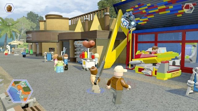Na zadaszeniu w strefie gier, po lewej stronie, znajdziesz tarczę - Główna ulica | Jurassic World - sekrety - LEGO Jurassic World - poradnik gry