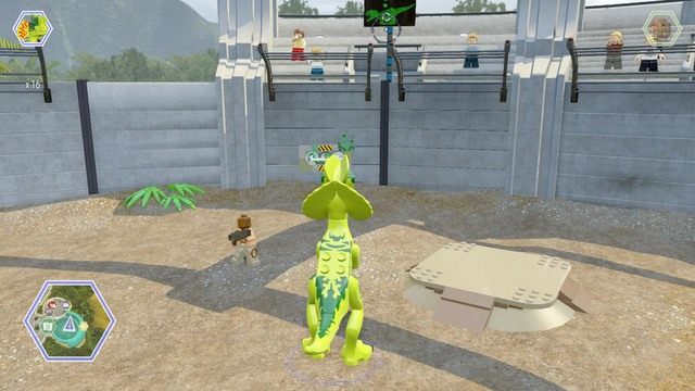Korzystając z raptora podejdź do dźwigni przy ścianie i pociągnij ją, a wysuną się czarne znaki na trybunach - Wschodni bulwar | Jurassic World - sekrety - LEGO Jurassic World - poradnik gry